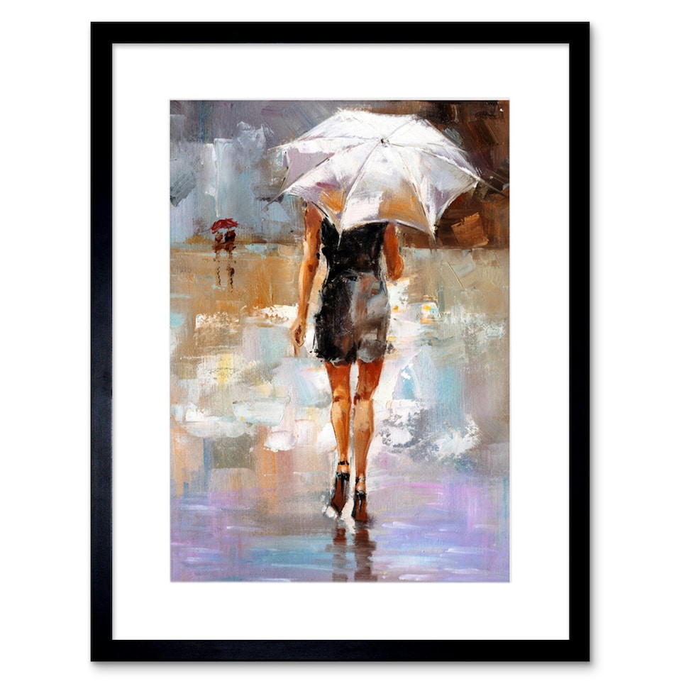 image 1 of Paris Rain Woman With Umbrella Oil Painting 9x7" Black Framed Wall Art Print