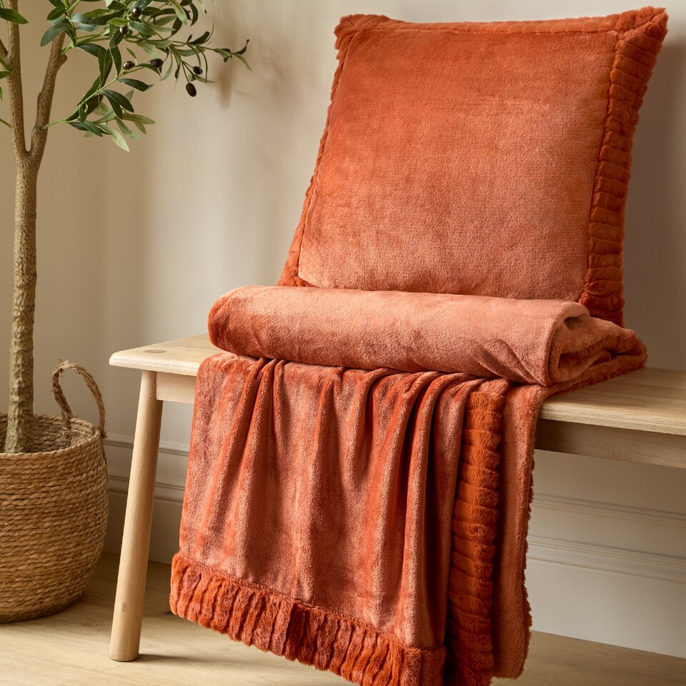 image 1 of Catherine Lansfield Velvet and Faux Fur Soft Touch Cushion | Orange | Burnt Orange | 55x55cm