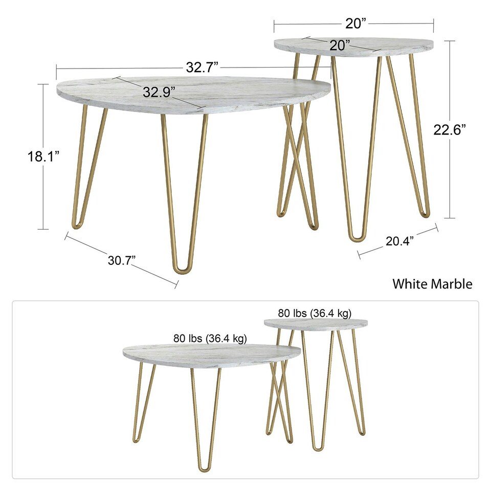 image 1 of Athena Nesting Tables in White Faux Marble / Golden Legs White | White
