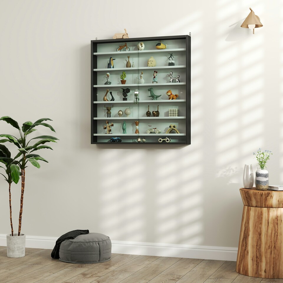 image 1 of HOMCOM Wall Display Cabinet w/ Shelves Glass Doors Black