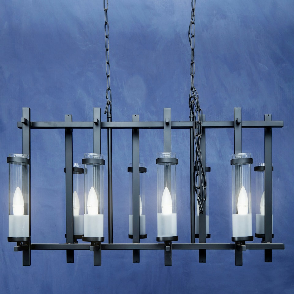 image 1 of Interiors by Premier Iron and Glass Wide Pendant Light, 8 Glass Bulbs with Industrial Black Iron Frame, Statement Ceiling Light