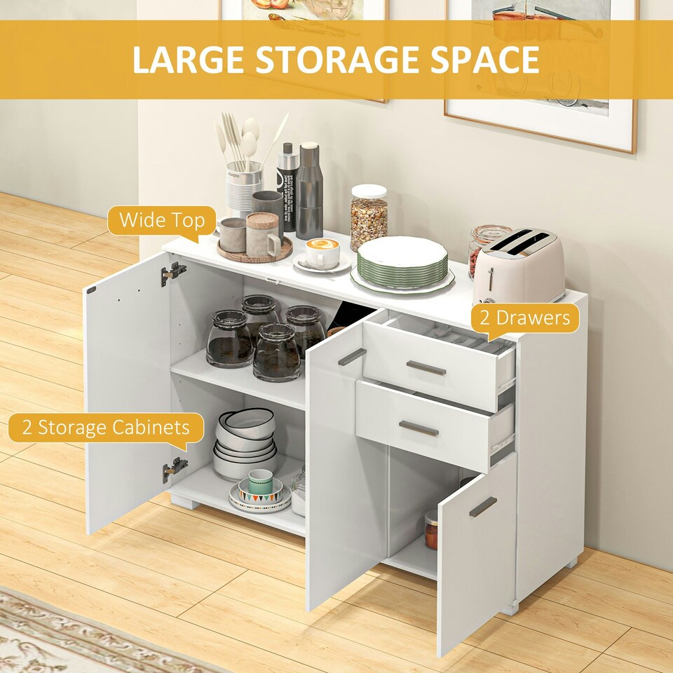 image 1 of HOMCOM Modern Sideboard Kitchen Storage Cabinet with 2 Drawers, White White