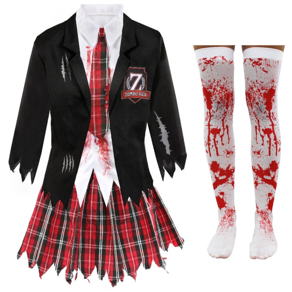 image 1 of Zombie Schoolgirl Costume With Stockings | Multi | 2XL