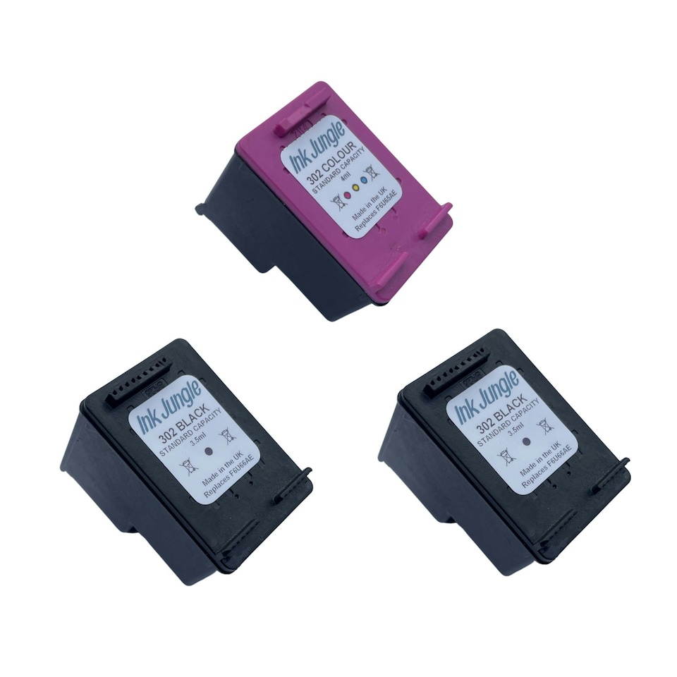 image 1 of 2x Ink Jungle 302 Black & 1x Colour Refilled Ink Cartridge - Replaces HP 302