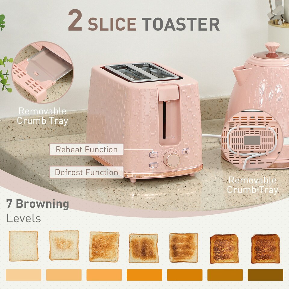 image 1 of HOMCOM Kettle and Toaster Set 1.7L Kettle & 2 Slice Toaster Set, Light Pink