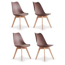 Set of 4 Scandinavian Dining Chairs with Leather Cushions Solid Wood Legs | Brown