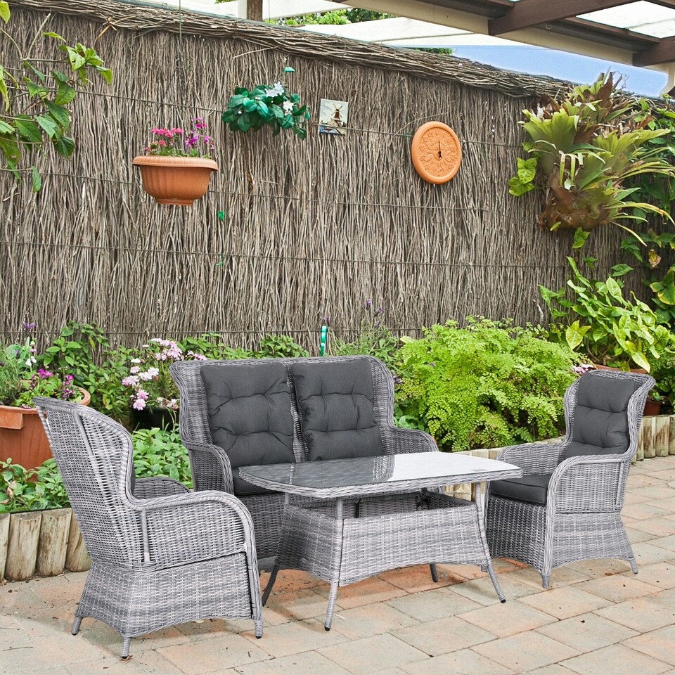image 1 of Outsunny 4 PCs Outdoor Rattan Sofa Set, Wicker Sectional Sofa Set Mixed Grey