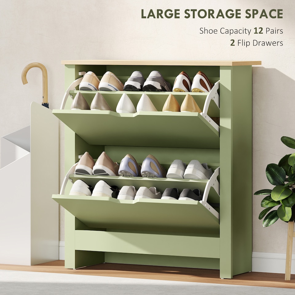 image 1 of HOMCOM 12-Shoe Storage Cabinet 4 Shelves 2 Drawers Tabletop Green | Green