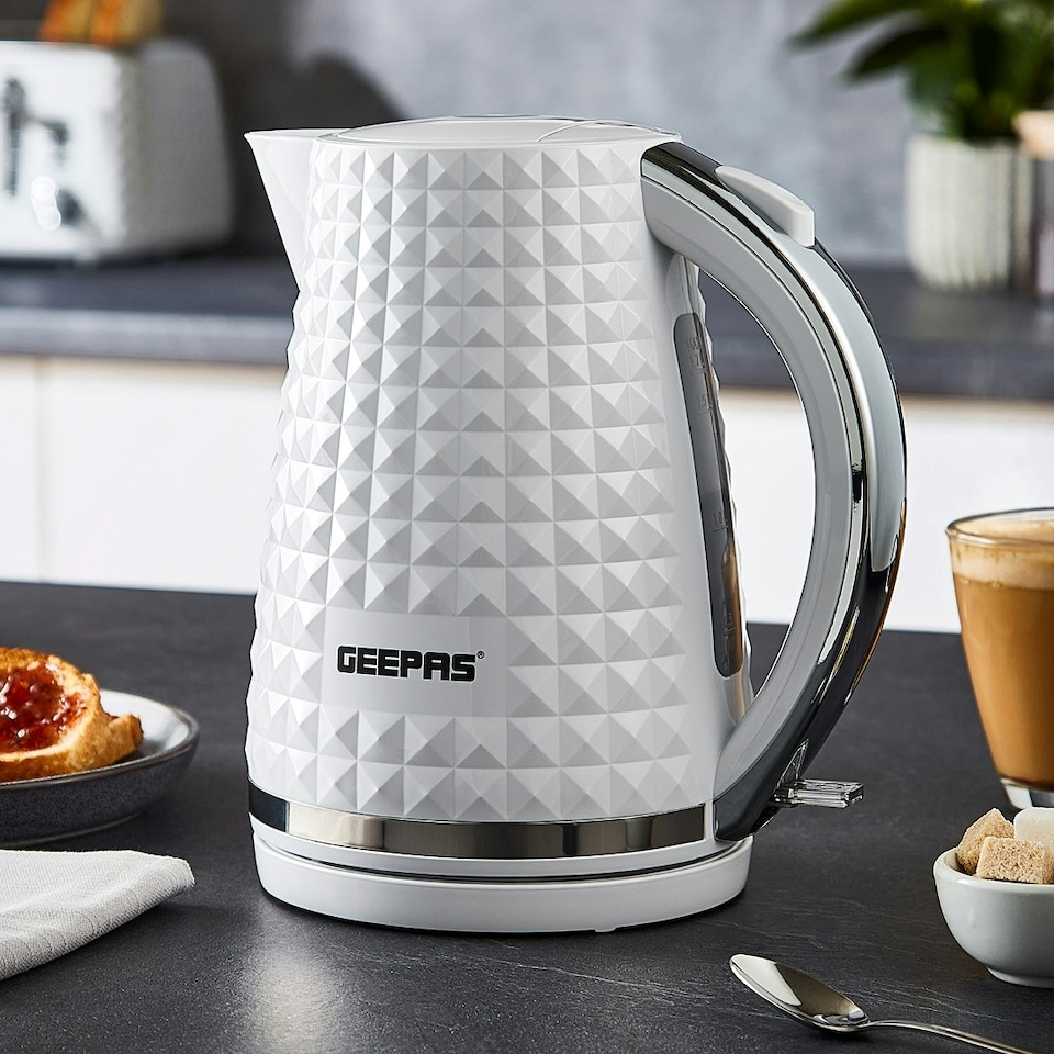 image 1 of GEEPAS 4 Slice Bread Toaster & 1.7L Cordless Electric Kettle Combo Set with Textured Design – White White