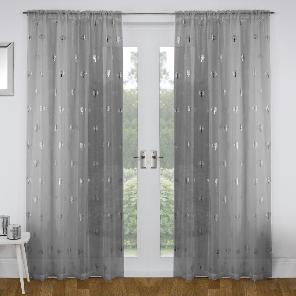 image 1 of Pair of Birch Grey Metallic Tree Print Voile Panels 137 cm (54 inch) Rod Pocket Panels for Bedroom and Living Room