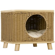 PawHut Elevated Design Wicker Cat House with Washable Cushion, Light Brown