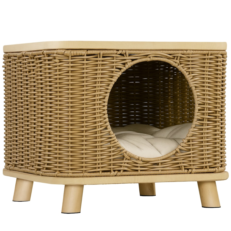 image 1 of PawHut Elevated Design Wicker Cat House with Washable Cushion, Light Brown
