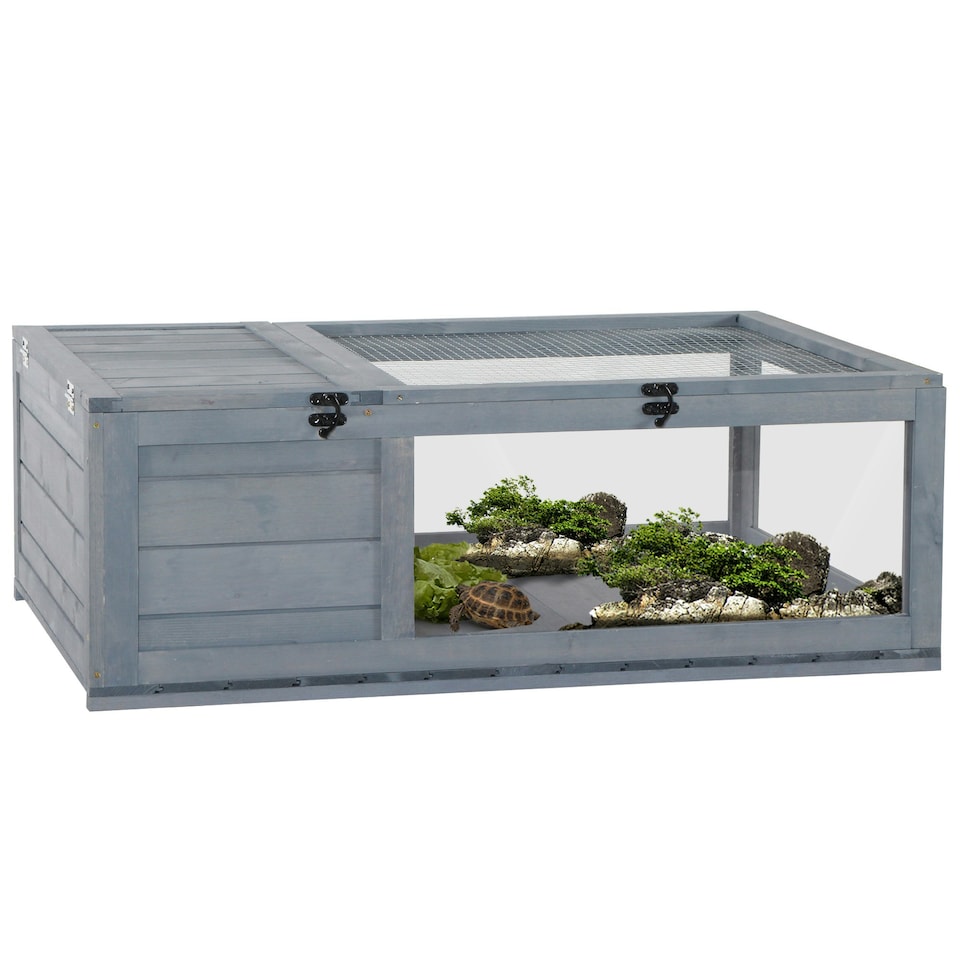 image 1 of PawHut Tortoise House w/ Mesh Roof, Small Pet Reptile Wooden House - Grey