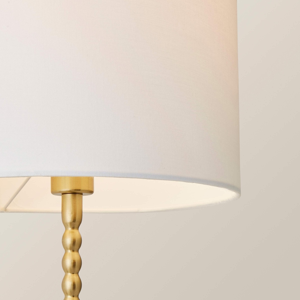 image 1 of ValueLights Maeve White Fabric Drum Lamp Shade Brushed Gold Bobbin Bobble Table Lamp | Gold