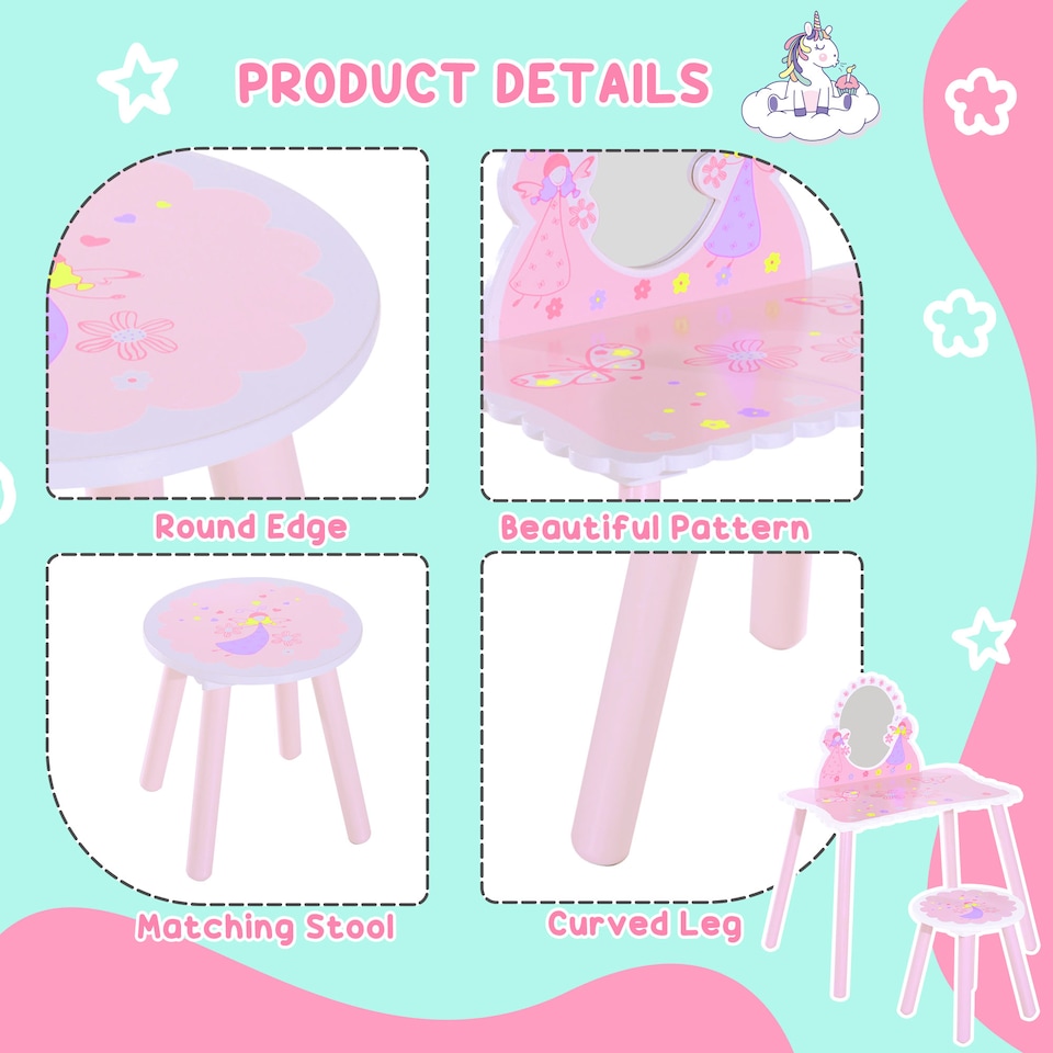 image 1 of HOMCOM Kids Dressing Table Girls Pink Wooden Kids Dressing Table & Stool Make Up Desk Chair Toys Fairy Dresser Play Set w Mirror