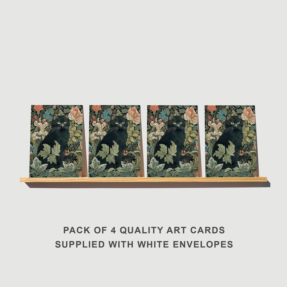 image 1 of Black Cat Botanical Art Cards Pack of 4 William Morris Style Greeting Cards