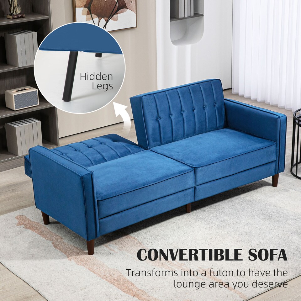 image 1 of HOMCOM Convertible Sofa Bed, 189cm Click Clack 3 Seater Sofa Bed, Button Tufted Velvet Sleeper Couch with Split Reclining Backrest and Rubber Wood Legs, Blue