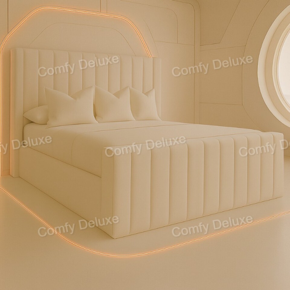 4FT Small Double  Coffee Plush Bed Frame With 54inch Headboard Solid Bed Base