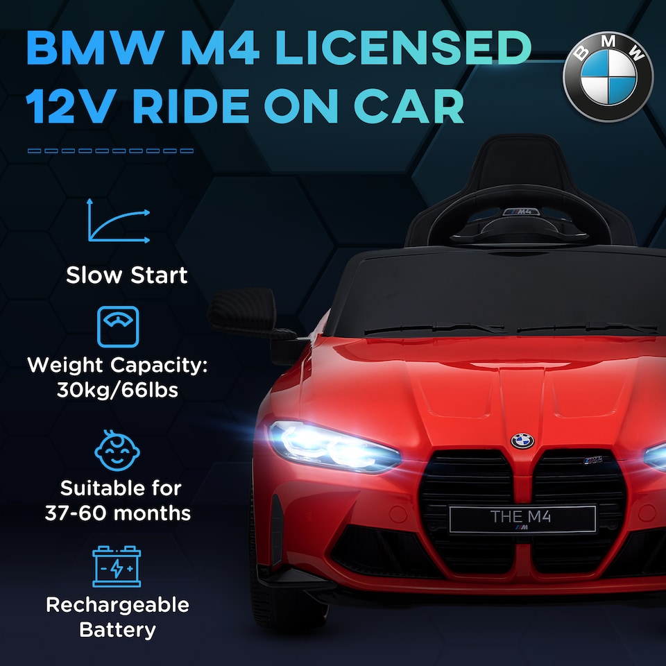 image 1 of AIYAPLAY BMW M4 Licensed Electric Car for Kids, 12V Kids Electric Ride on with Remote Control, Suspension, Music, Horn, LED Lights, for Ages 3-5 Years, Red