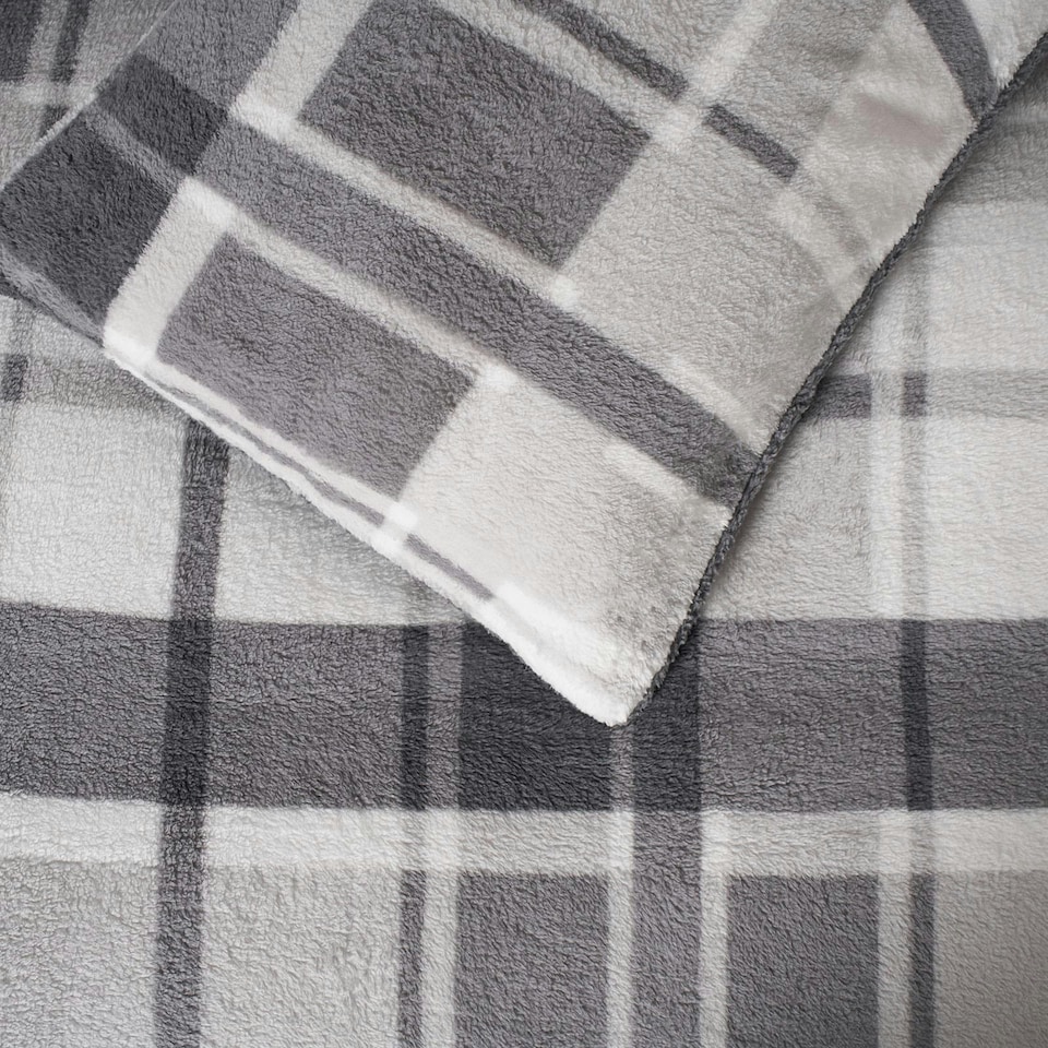 image 1 of OHS Check Printed Teddy Fleece Duvet Cover and Pillowcase Set, King - Charcoal