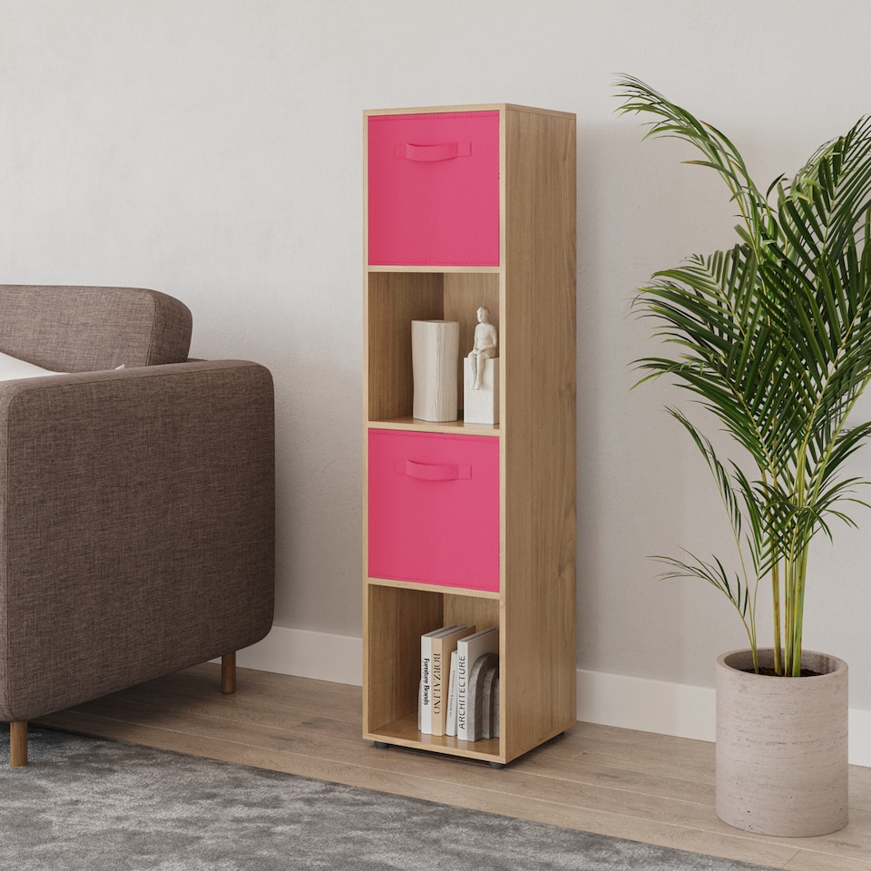 image 1 of 4 -Cube Tall Shelving Unit With Non Woven Inserts | Brown | Oak & Dark Pink | 1