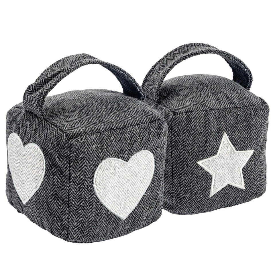 image 1 of Nicola Spring Mismatched Herringbone Door Stop Set - 16 x 16cm - Star/Heart - Pack of 2