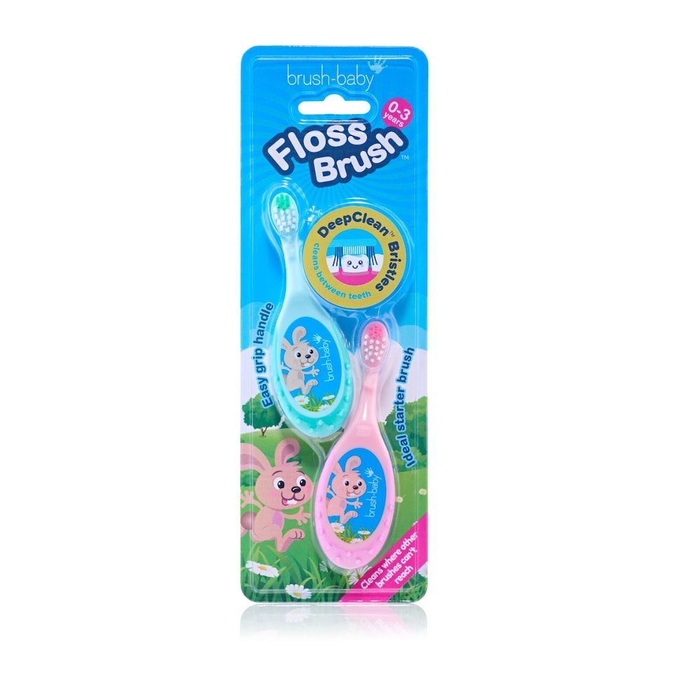 image 1 of Brush Baby FlossBrush™ Baby Bristles Toothbrush (0-3 Years) Double Pack - Pink & Teal