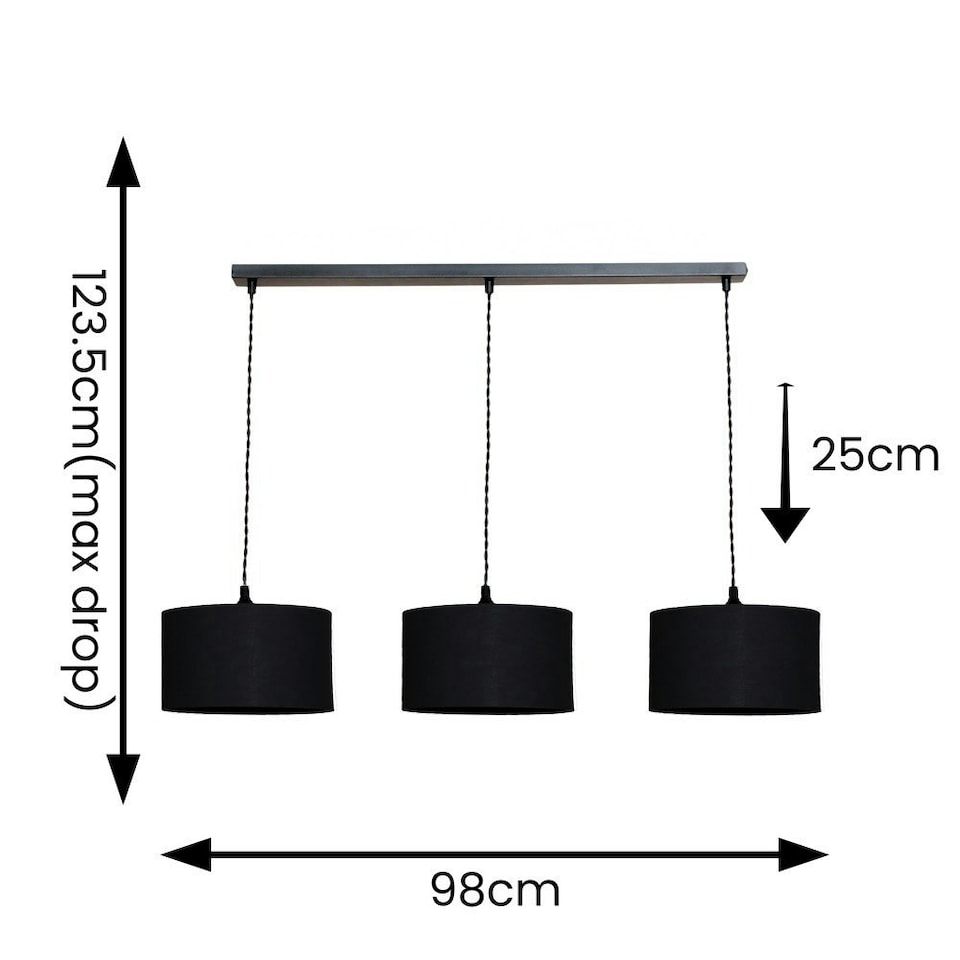 image 1 of ValueLights Reni Black Fabric Drum Shade 3 Drop Bar Black Diner Ceiling Light and Bulbs Black