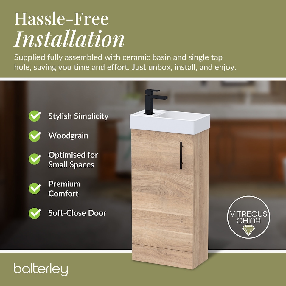 image 1 of Floor Standing Vanity Basin 400mm Bleached Oak & Matt Black Handle | Brown | Bleached Cuneo Oak | 781 x 400 x 222mm