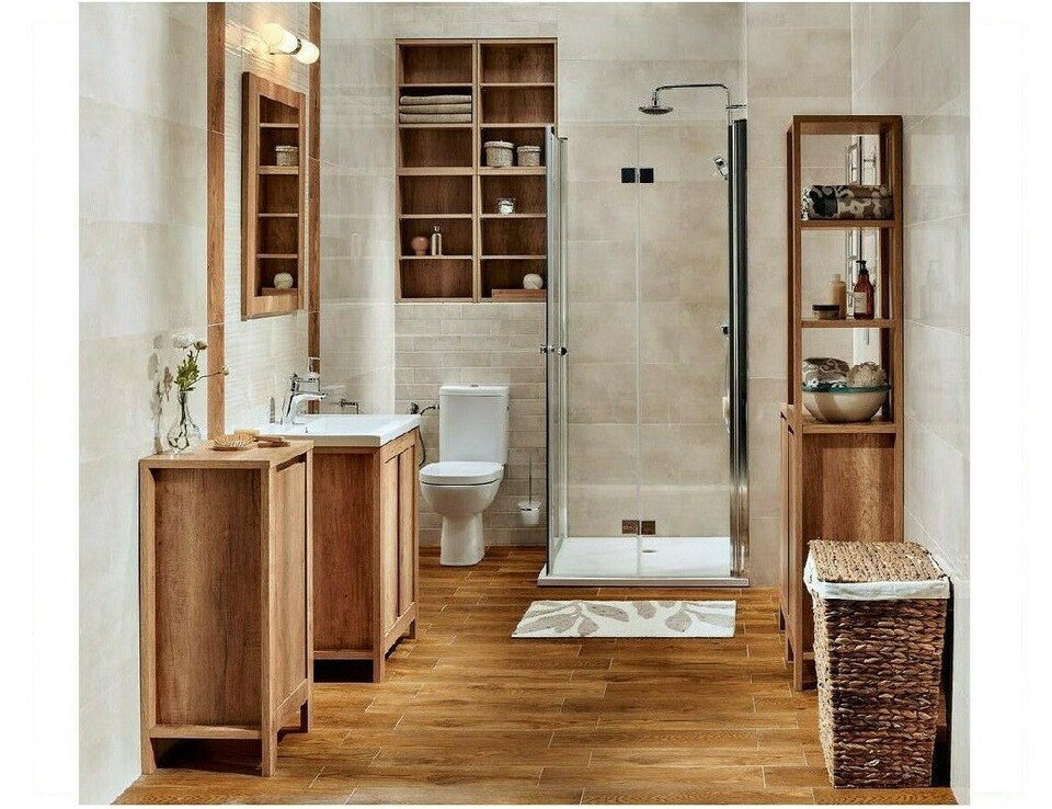 image 1 of Bathroom Furniture Set 600 Sink Vanity, Mirror, Freestanding Storage Cabinet Oak Effect Classic
