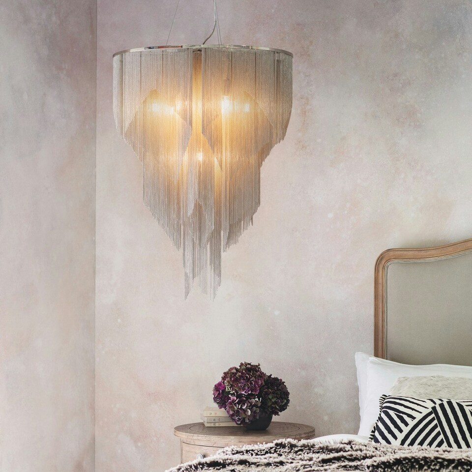 image 1 of Loire Pendant Bright Nickel Plate & Silver Effect Chain 6 Light Dimmable IP20 - E14
