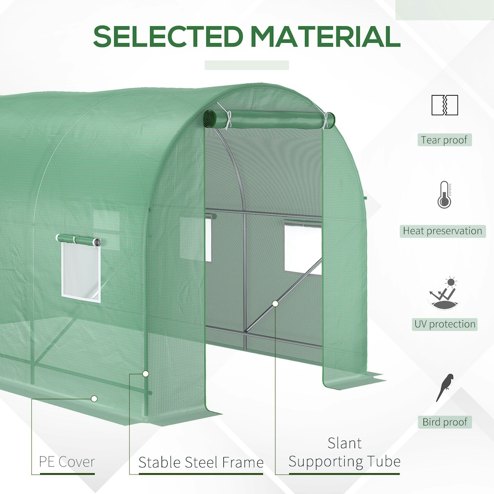 image 1 of Outsunny 3.5 x 2m Walk-In Polytunnel Greenhouse with Roll Up Door Windows Green