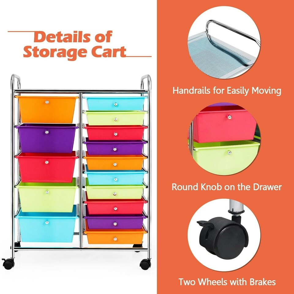 image 1 of COSTWAY 15 Drawers Storage Trolley Rolling Utility Cart Multi-color