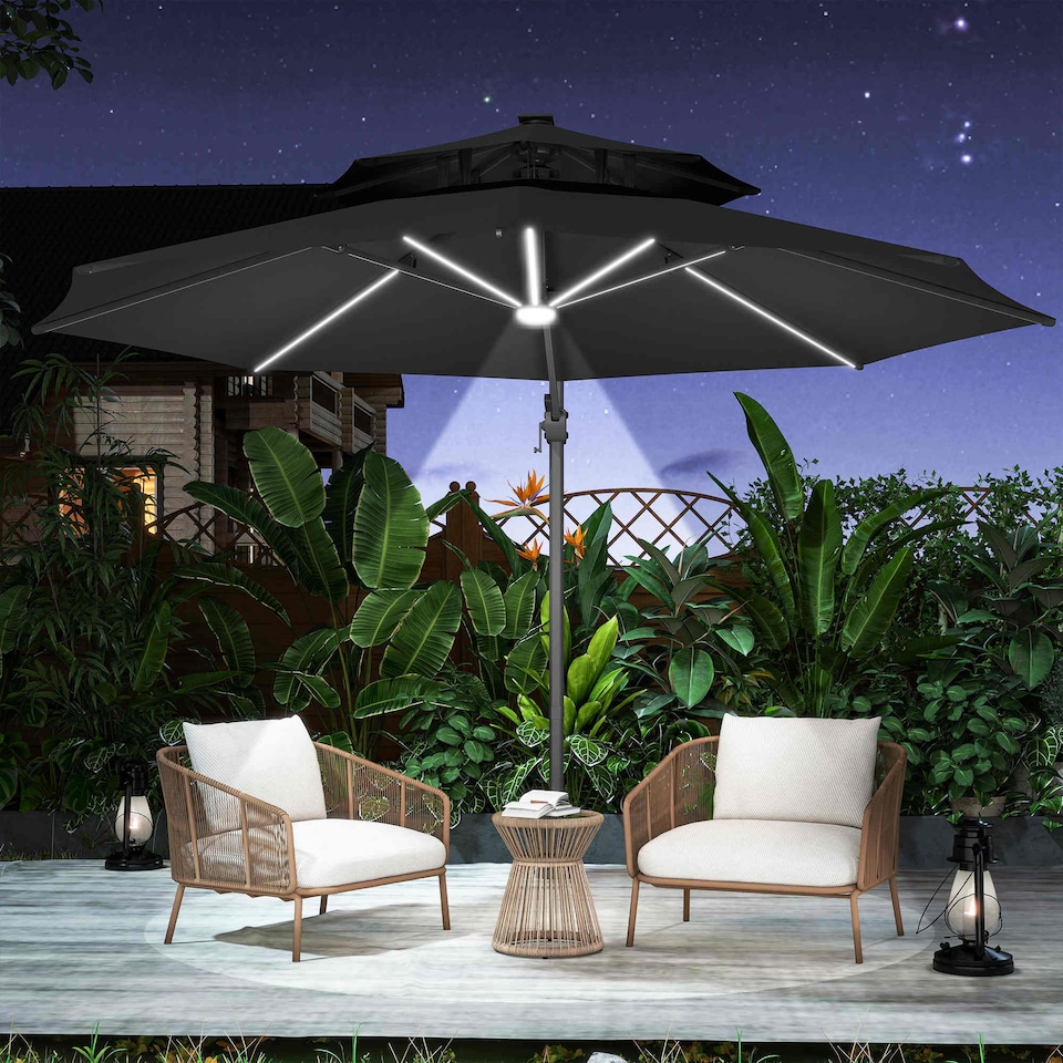 image 1 of Outsunny 3 m Cantilever Roma Parasol with LED Solar Lights, Crank and Tilt, Aluminium Frame, Cross Base and Adjustable Canopy 360 Rotating Sun Umbrella with 2Tier Shade, Grey