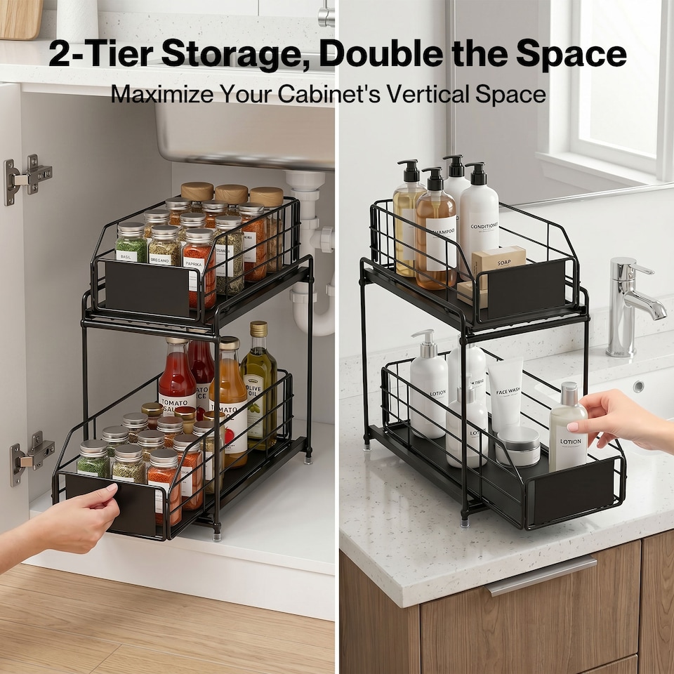 image 1 of TOQUE 2 Tier Pull Out Basket Under Sink Kitchen Cabinet Storage Organiser Drawer