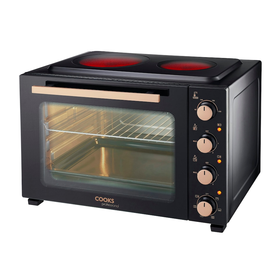image 1 of Cooks Professional Mini Oven | 48 Litre with 2 Ceramic Hobs | 1800W Oven | 1000W and 1500W Ceramic Hobs | Black and Copper