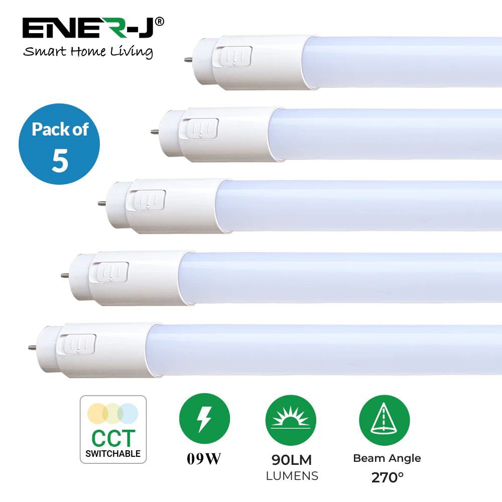 ENER-J 5 Pack T8 LED Tube 60cm 9W CCT Switchable Colour Temperature in White