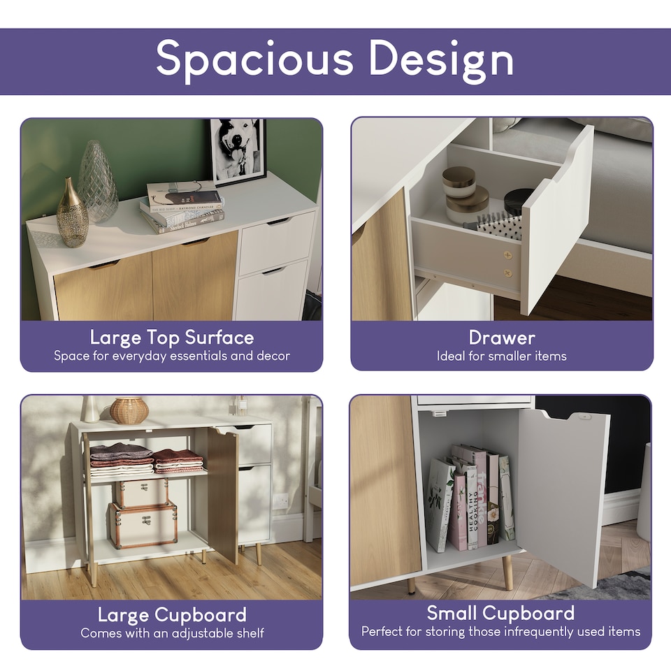 image 1 of Vida Designs 3 Door 1 Drawer Sideboard Buffet Cabinet Storage, White & Oak | White | White & Oak | 1