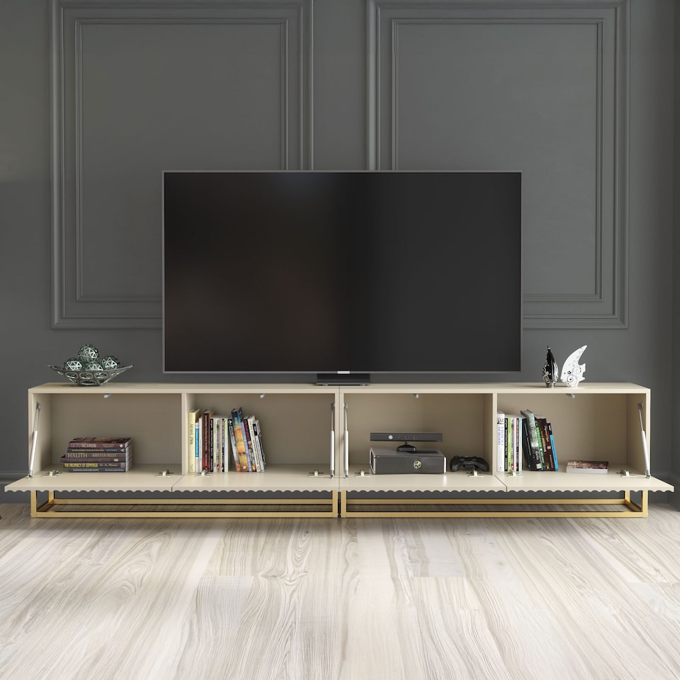 image 1 of TV Unit TV Stand Cashmere Gold Fluted Modular Media Console Sideboard Storage 200cm