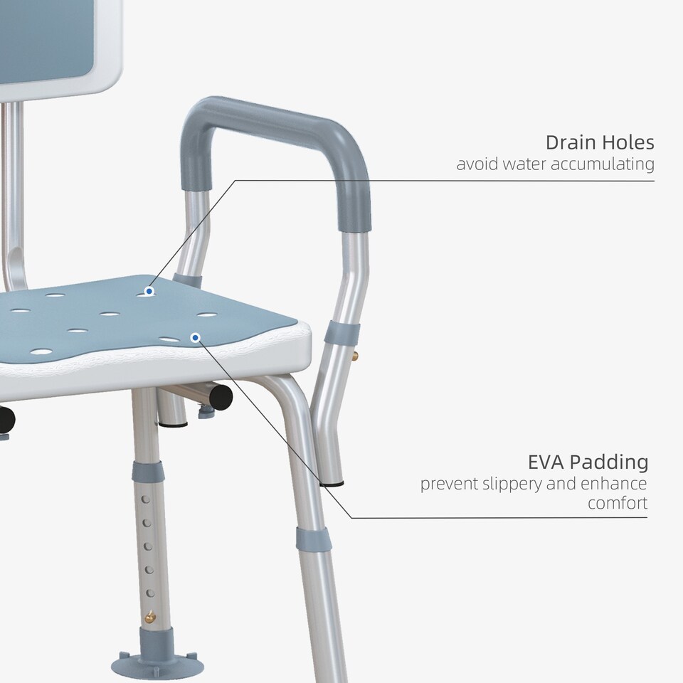 image 1 of HOMCOM EVA Padded Shower Chair for the Elderly and Disabled, Height Adjustable Shower Stool with Back and Arms, 4 Suction Foot Pads, Light Blue