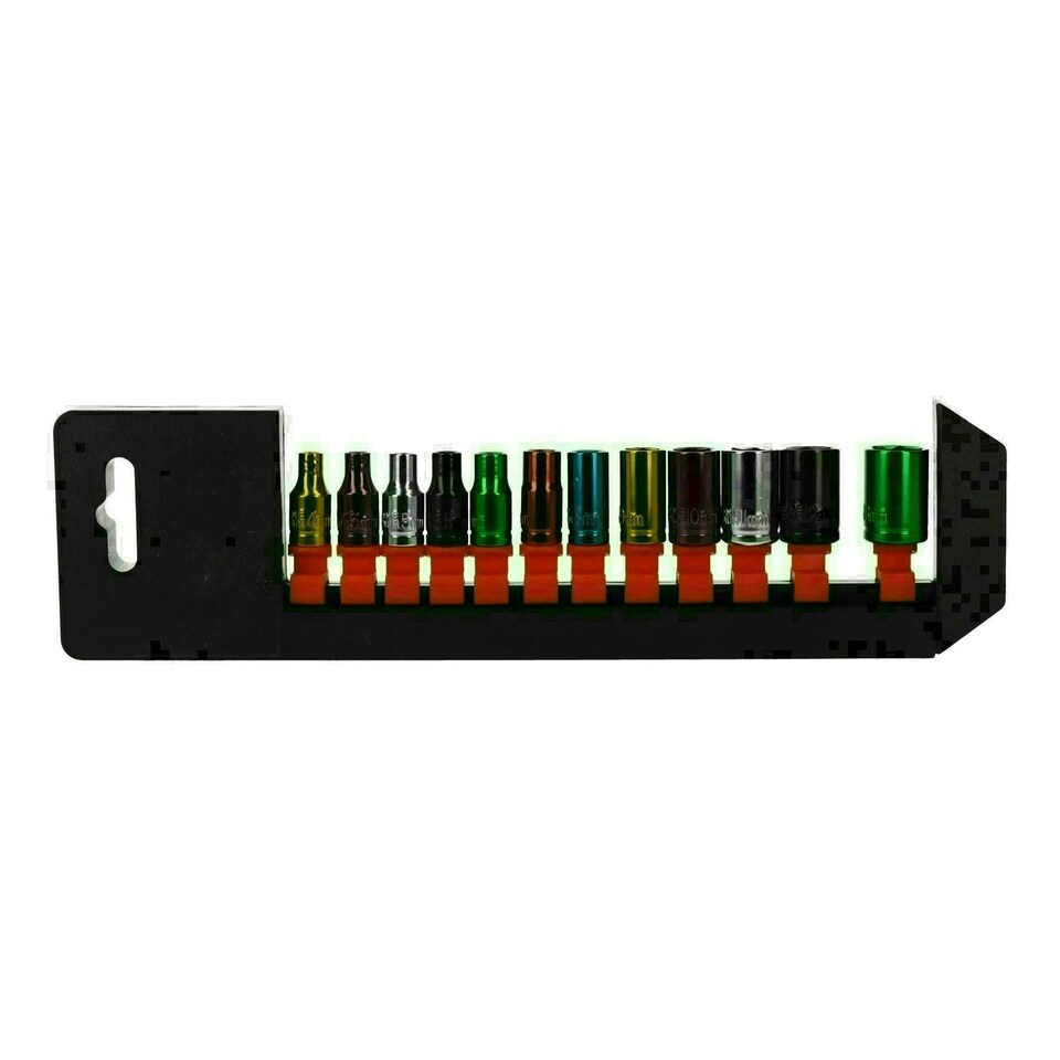 image 1 of 12pc Coloured 1/4" Dr Shallow Sockets 6 Point Hex Metric 4 - 13mm With Rail