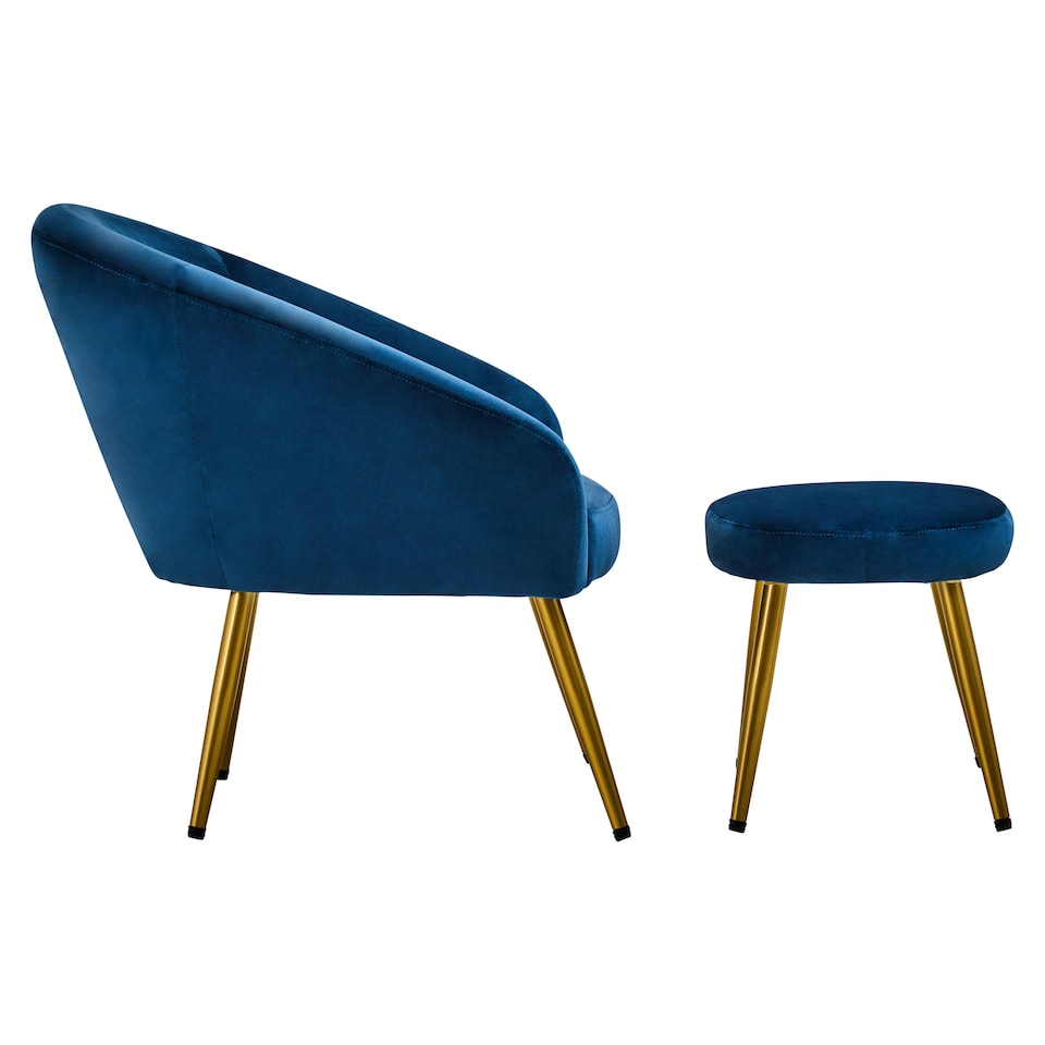image 1 of Interiors by Premier Midnight Blue Velvet Chair with Gold Legs and Footstool, Contemporary Accent Chair with high Footstool