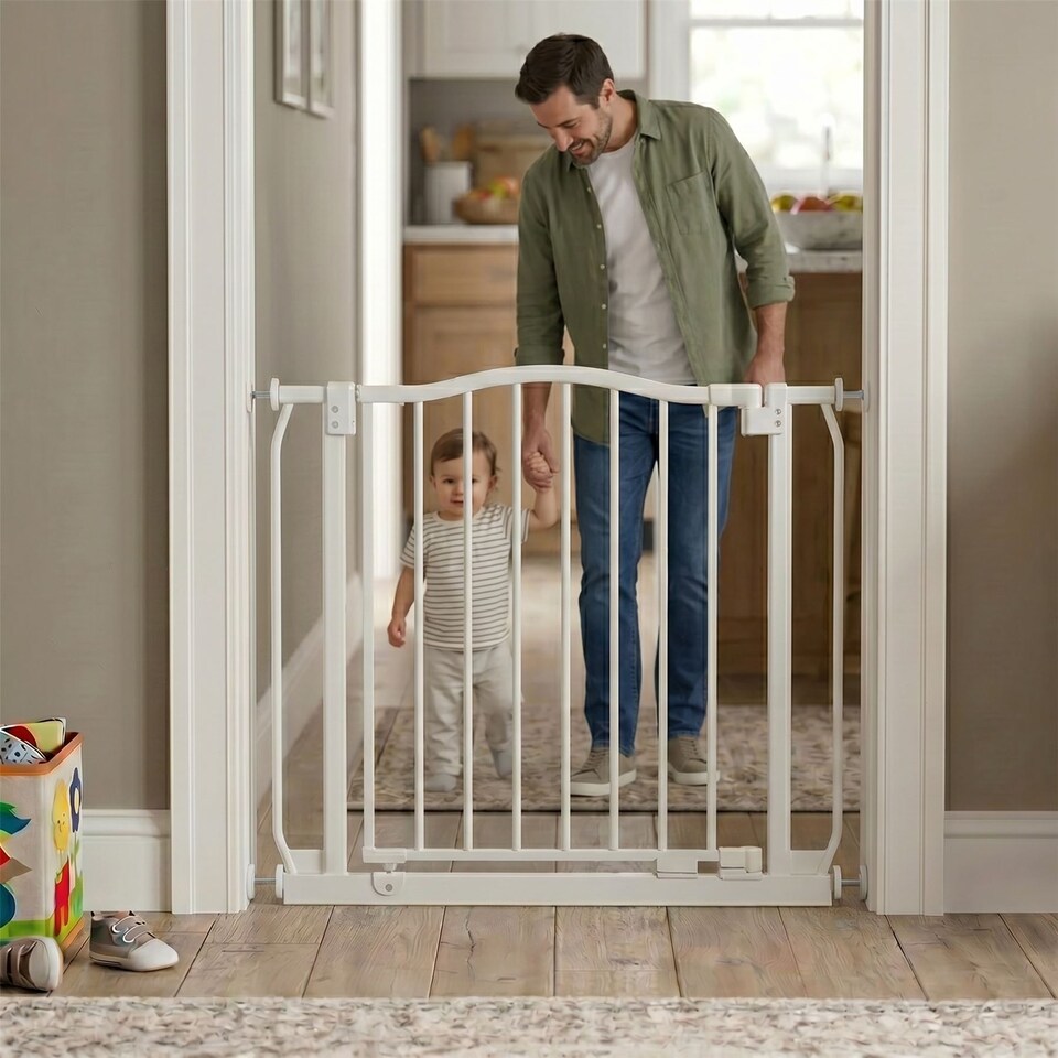 image 1 of Safetots Curved Top Safety Gate, 98cm - 107cm, Matt White, Pressure Fit Stair Gate, Baby Gate for Doors Hallways and Spaces, Safety Barrier, Easy Installation