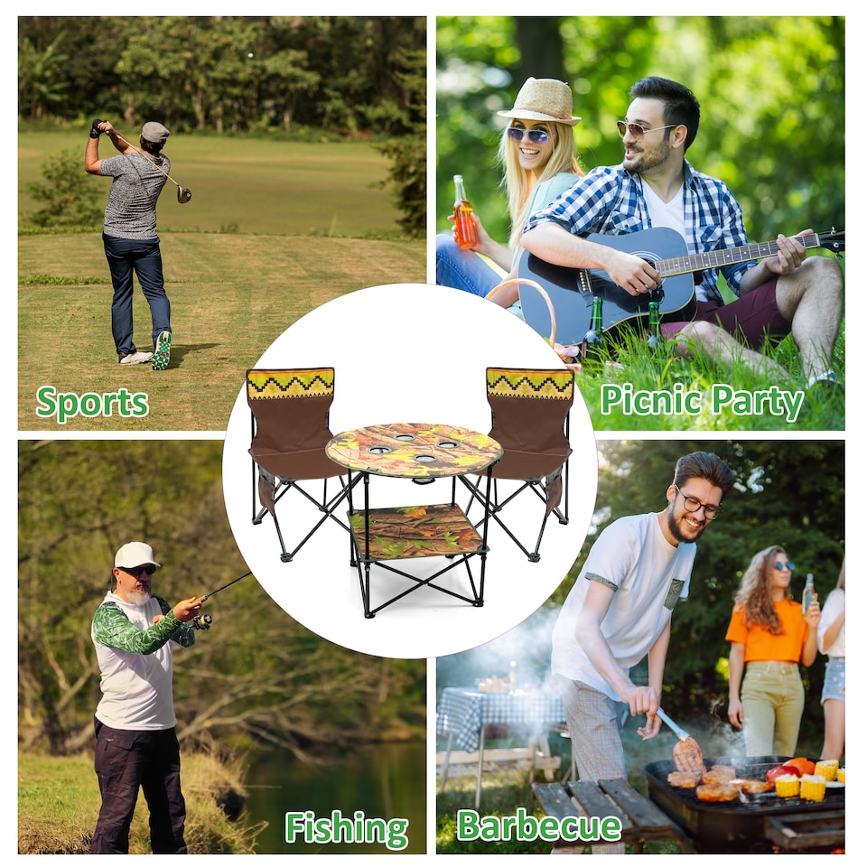 image 1 of 3PC Camping Table & Folding Chair Set Outdoor Fishing Seats with Cup Holders