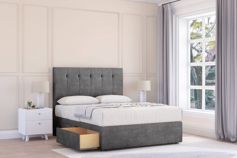 image 1 of Sloomy Highbury Steel Plush Divan Bed Base 2 Drawers Foot-End With 26 Inch Strutted Headboard | Grey | Steel | Small Double | 1