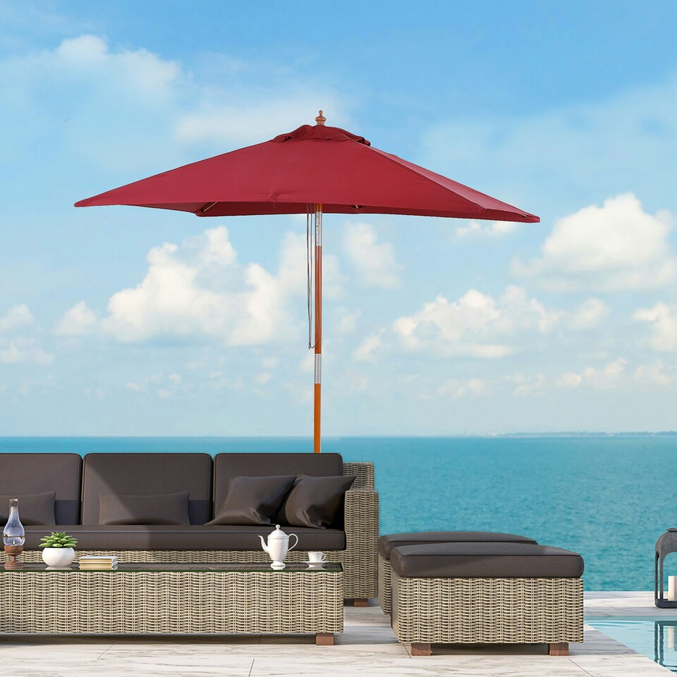 image 1 of Outsunny Wooden Patio Umbrella Parasol Outdoor Sunshade 6 Ribs Red