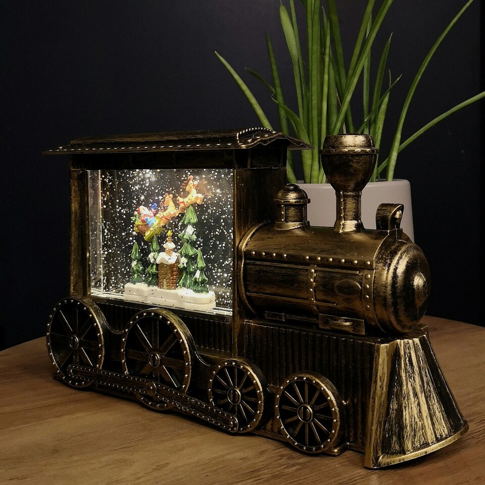 image 1 of 29cm Gold Water Spinner Christmas Train and with Santa Scene Decoration