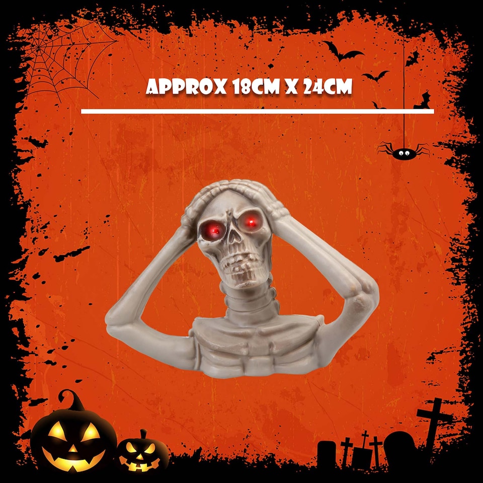 image 1 of PMS Halloween Skeleton Bust with LED Eyes - Hands on Head, 18 x 24 cm