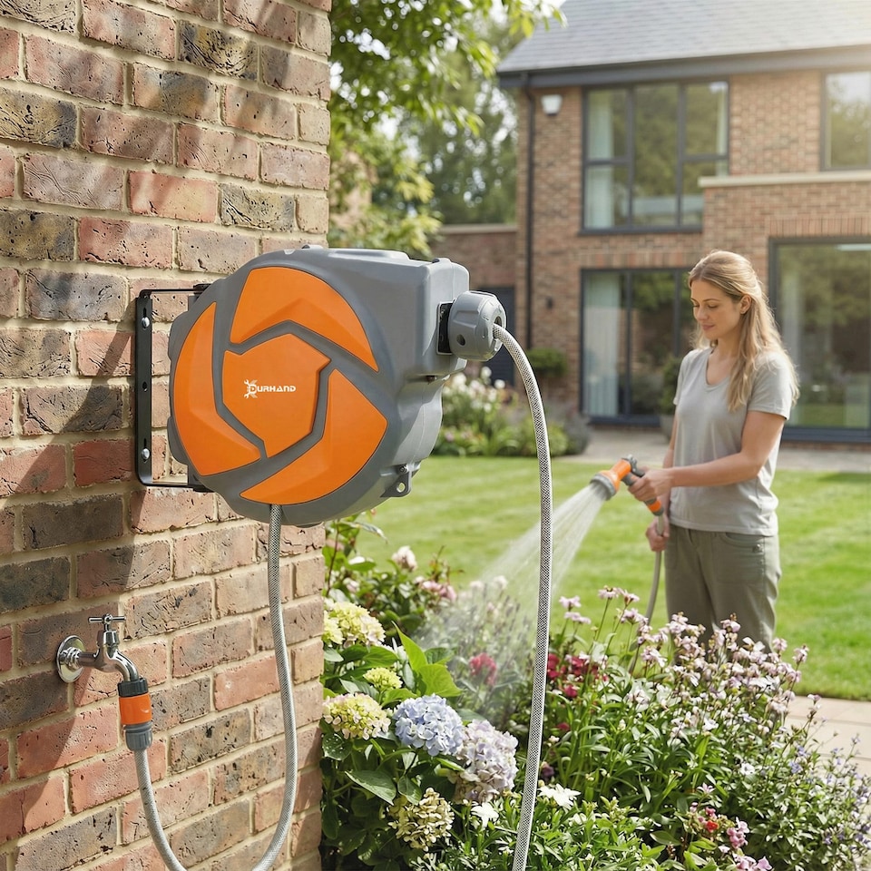 image 1 of DURHAND 10M Water Hose Reel Compact Garden Car Locking Auto Retract Spray