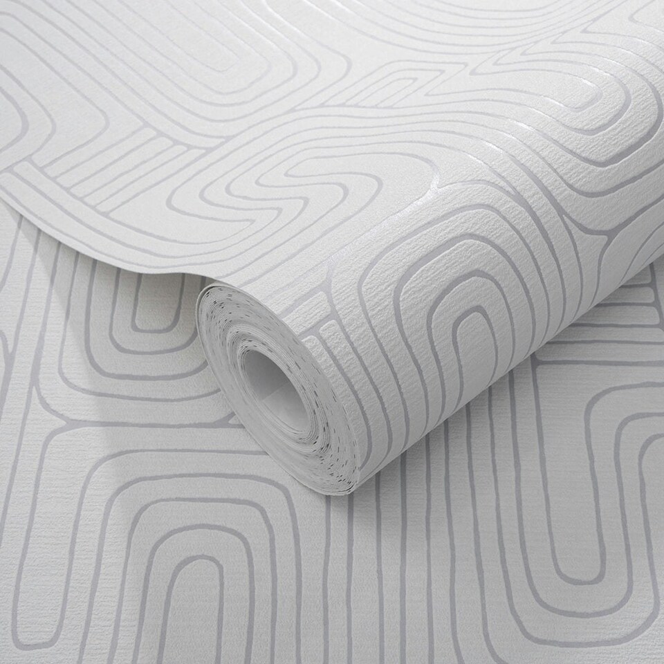image 1 of Retro Curve Wallpaper in Light Grey with Silver Grey